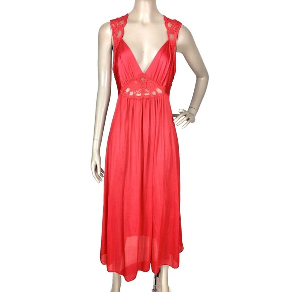 Vintage 70s Red Lace Trim Peignoir Sexy Lingerie Long Nightgown Medium USA - Picture 3 of 8